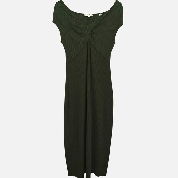 Vince Ribbed Twist Midi Dress Womens Size Small Olive Green Off Shoulder Stretch - Picture 2 of 7